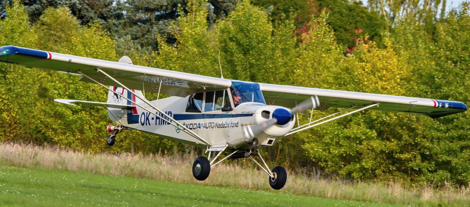 Vlečný letoun Aviat Husky klubu při přistání na travnaté dráze